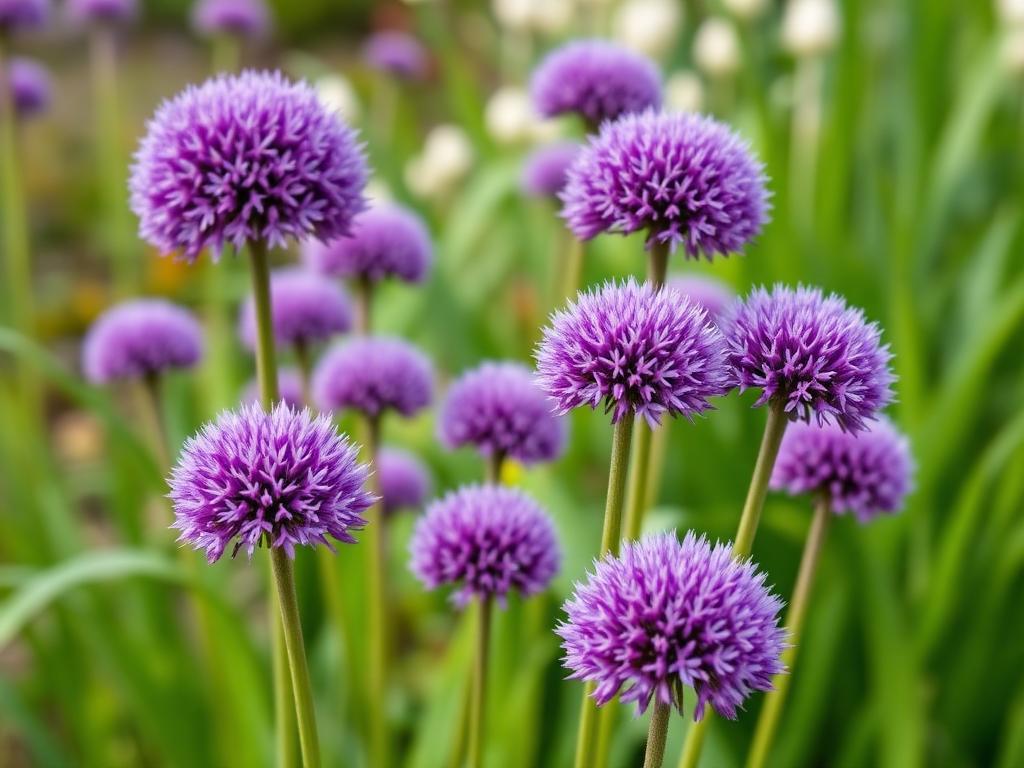 Purple Allium flowers with round violet flower heads in late spring