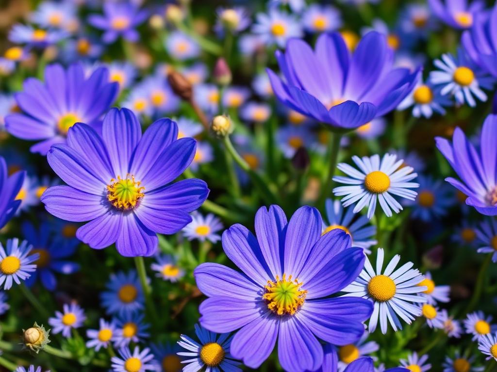Blue Anemone blanda windflower with daisy like flowers in spring