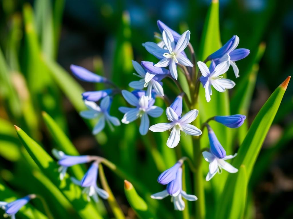 Chionodoxa glory of the snow with starry blue and white spring flowers