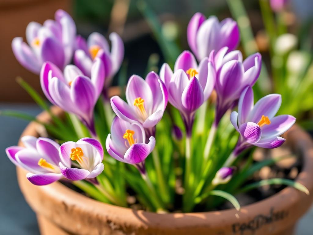 Purple and white crocus flowers blooming in early spring in a terracotta pot