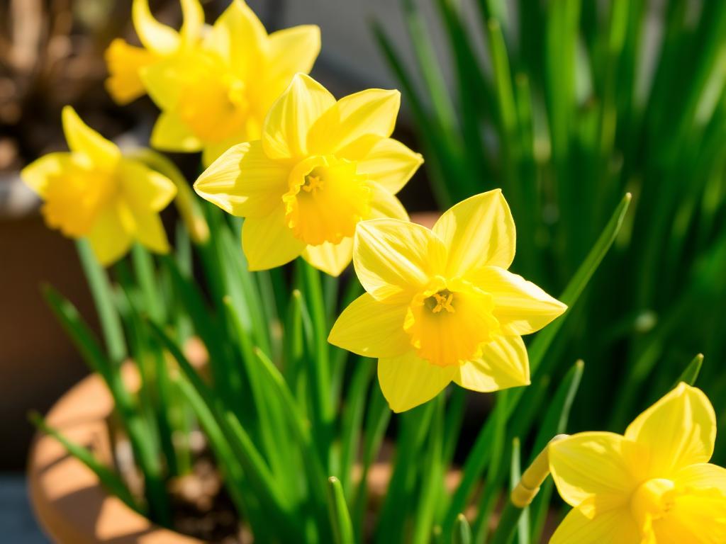 Bright yellow daffodils Narcissus blooming in a spring container