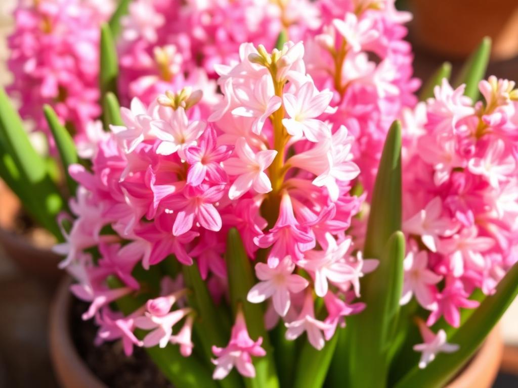 Pink hyacinth flowers with dense fragrant florets in a spring pot