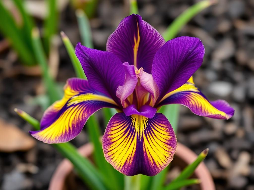 Iris reticulata dwarf iris with deep purple and yellow markings in early spring