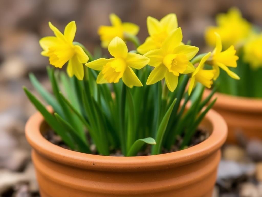 Miniature narcissus Tete a Tete dwarf daffodils in a small terracotta pot