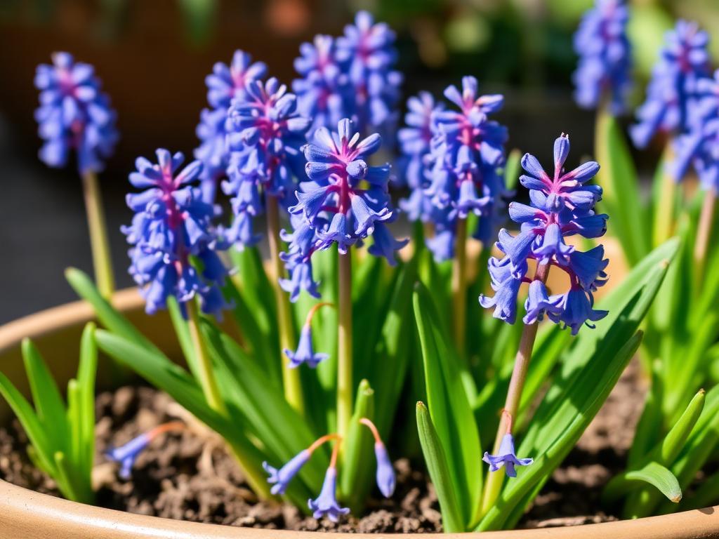 Blue Muscari grape hyacinth flowers blooming in a spring container