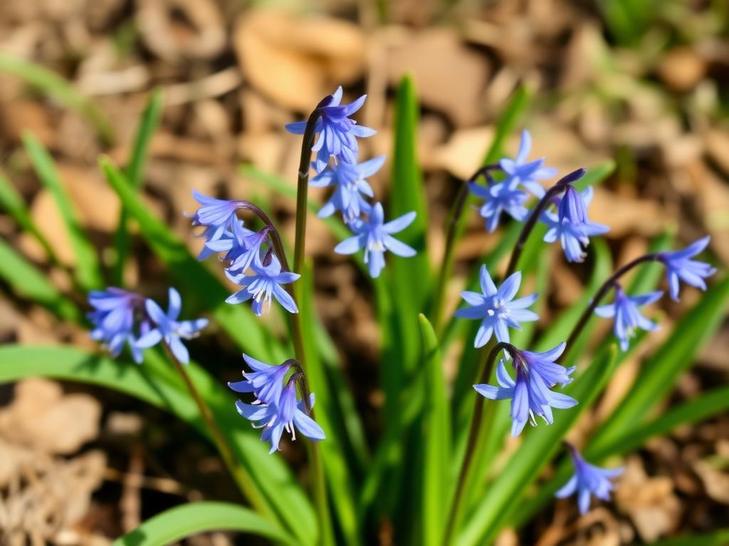 Scilla siberica small blue star shaped flowers in early spring