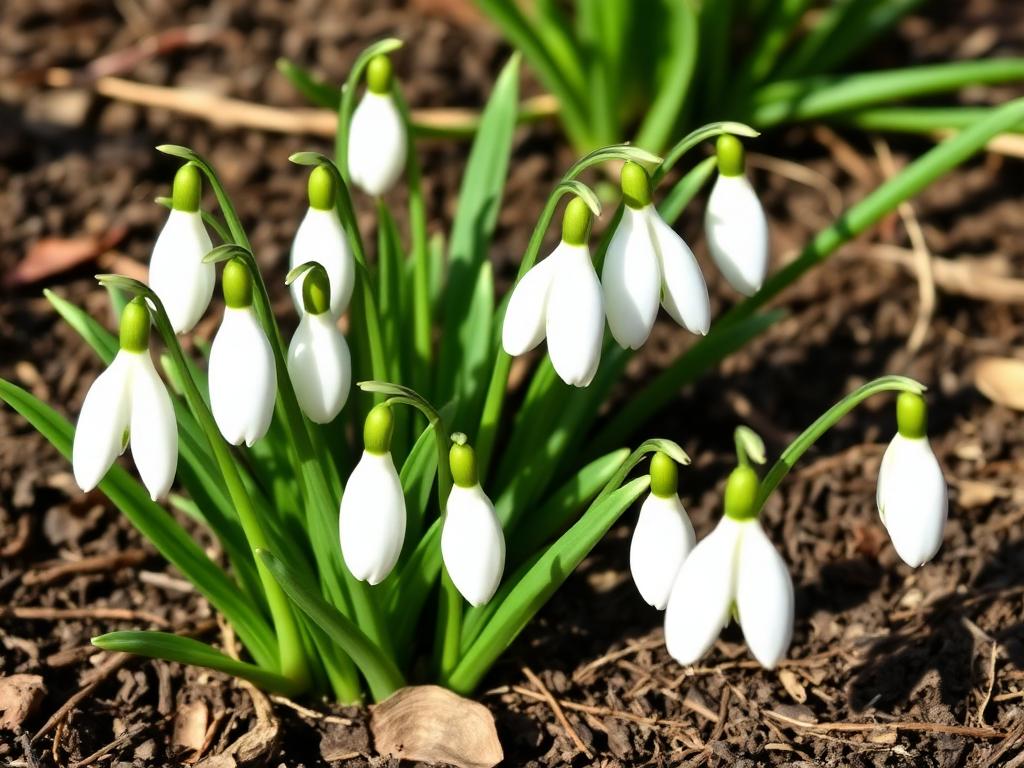White snowdrops Galanthus nivalis nodding bell flowers in early spring soil