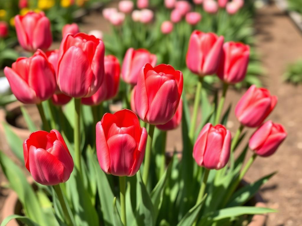 Pink and red tulips blooming in a spring garden container