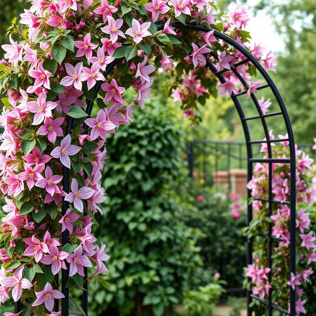 Pink clematis flowers climbing a metal garden arch