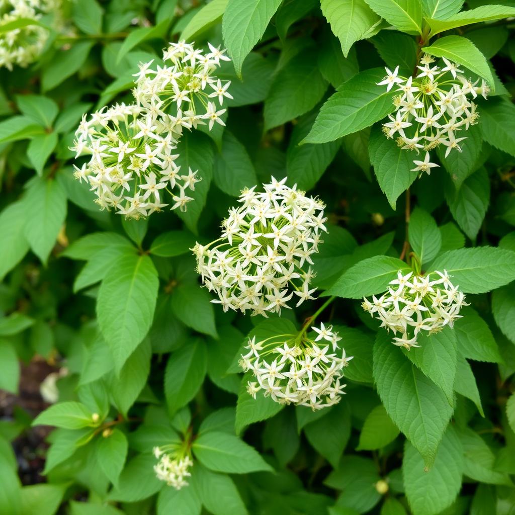 Evergreen clematis armandii with clusters of small white star-shaped fragrant flowers and leathery green leaves