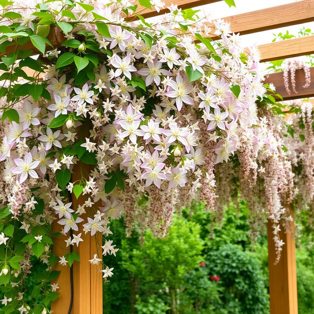Group 1 clematis with masses of small pale flowers covering a garden pergola in late spring