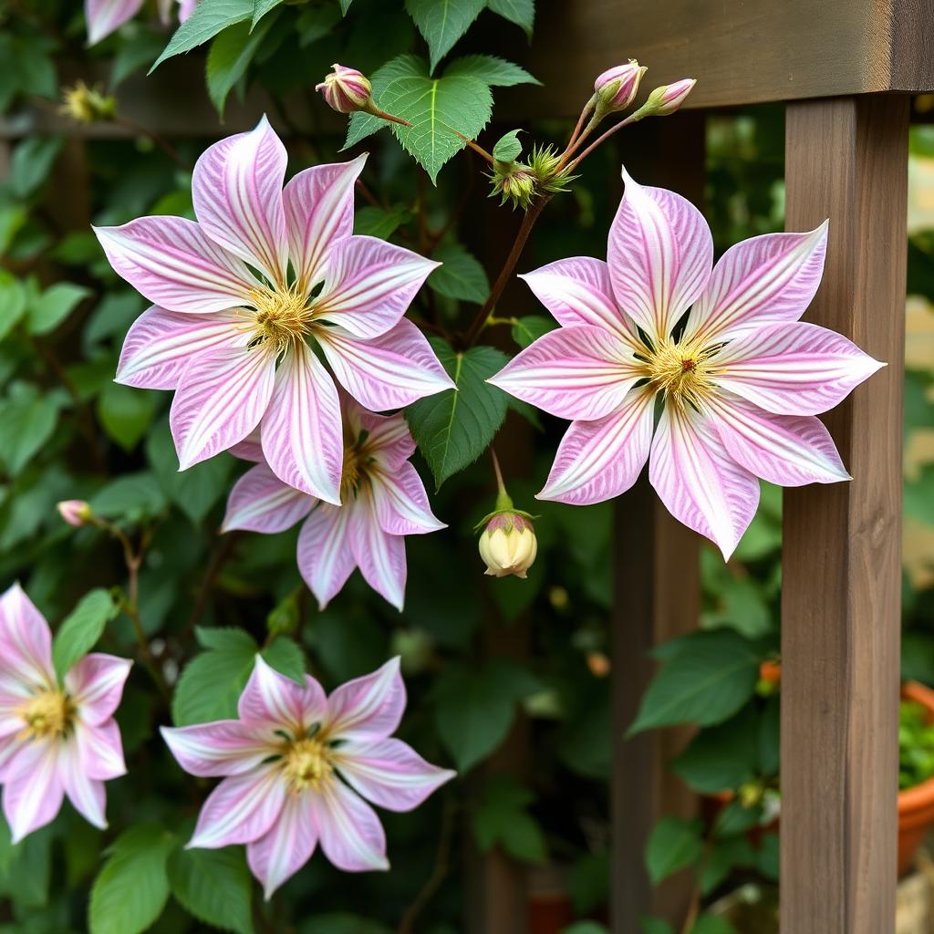 Group 2 large-flowered clematis hybrid with striped pink and white flowers on a trellis in late spring