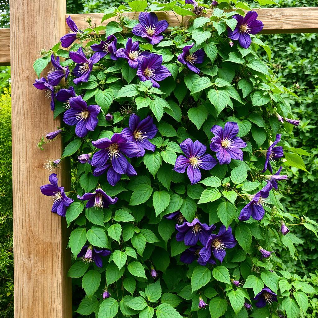 Group 3 viticella-type clematis with deep purple flowers climbing a wooden support in late summer