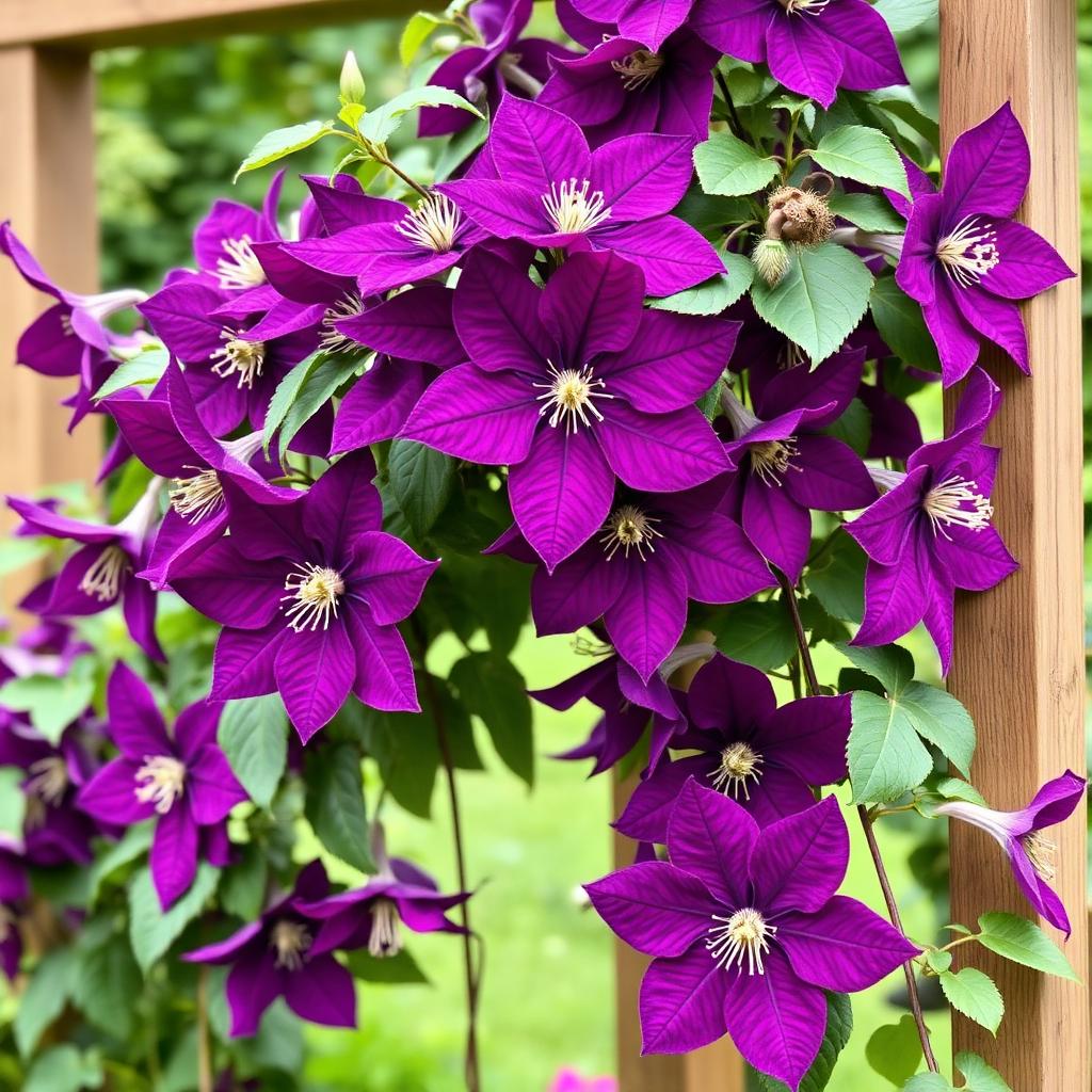 Clematis Jackmanii with rich deep violet purple flowers climbing a garden trellis