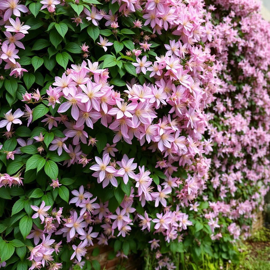 Clematis montana with abundant pale pink small flowers covering a large garden wall in spring