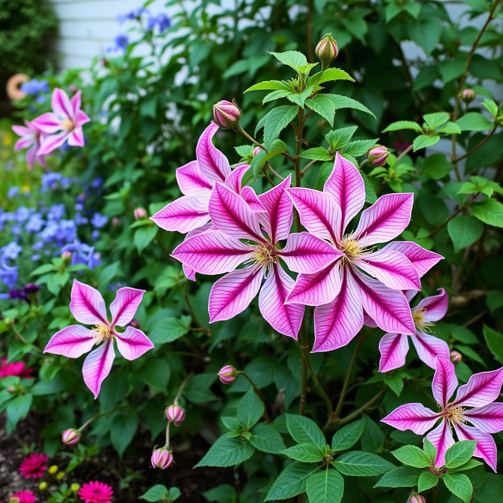 Clematis Nelly Moser large pink and mauve striped flowers in a garden border