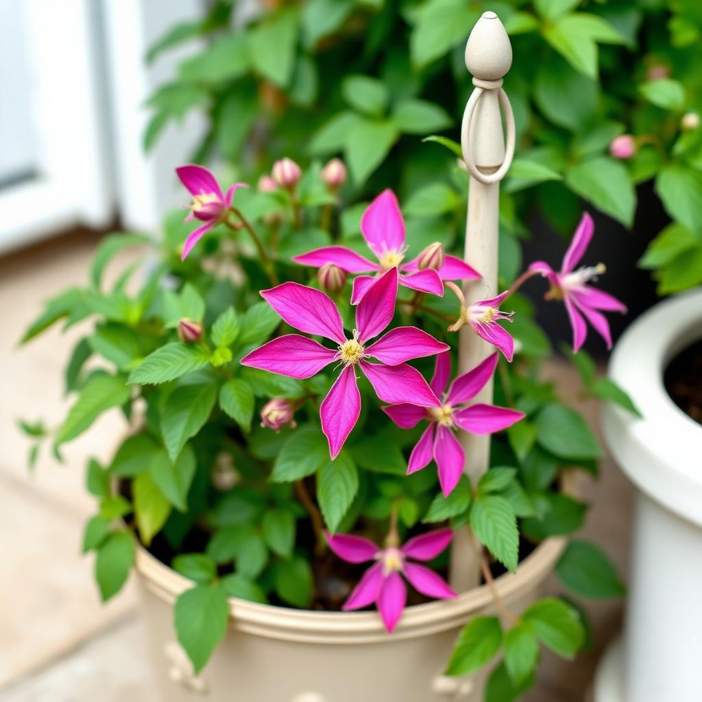 Compact patio clematis with bright pink flowers in a small container with a neat obelisk support