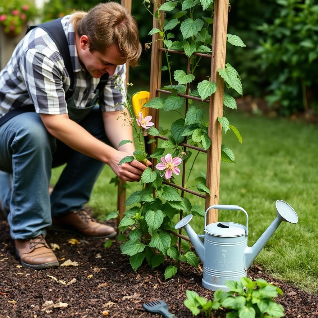 Gardener planting a young clematis at the base of a trellis with mulch and a watering can nearby