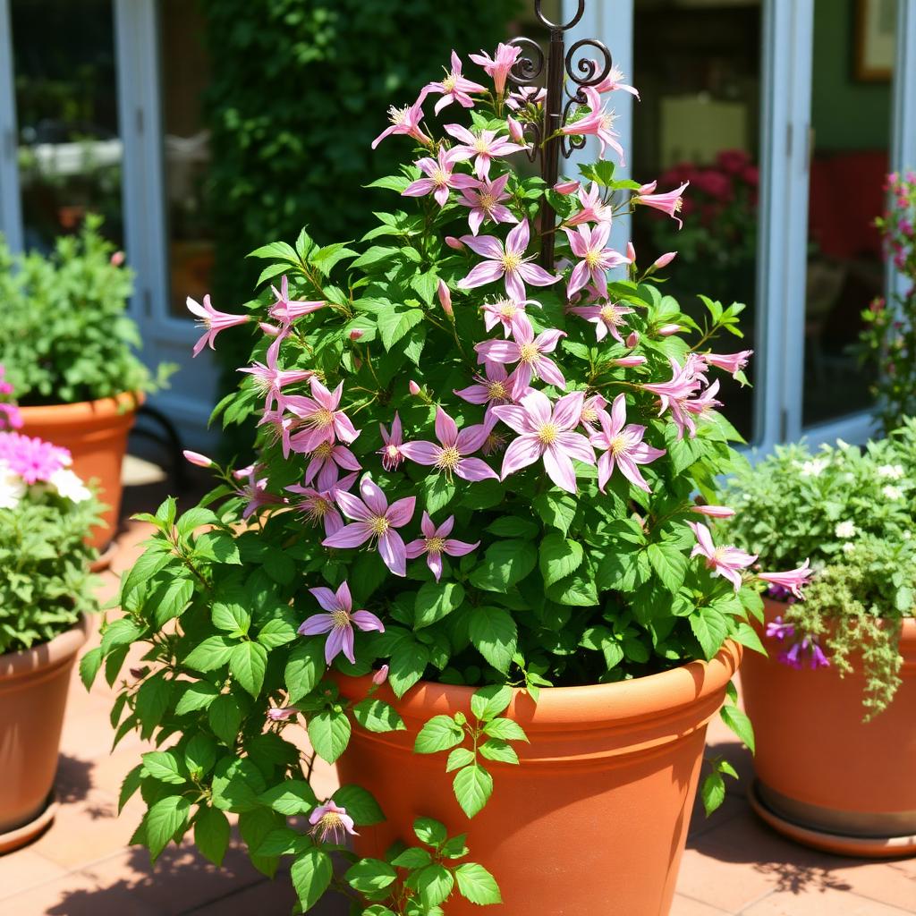 Compact clematis with pink flowers growing in a large terracotta pot with an obelisk support