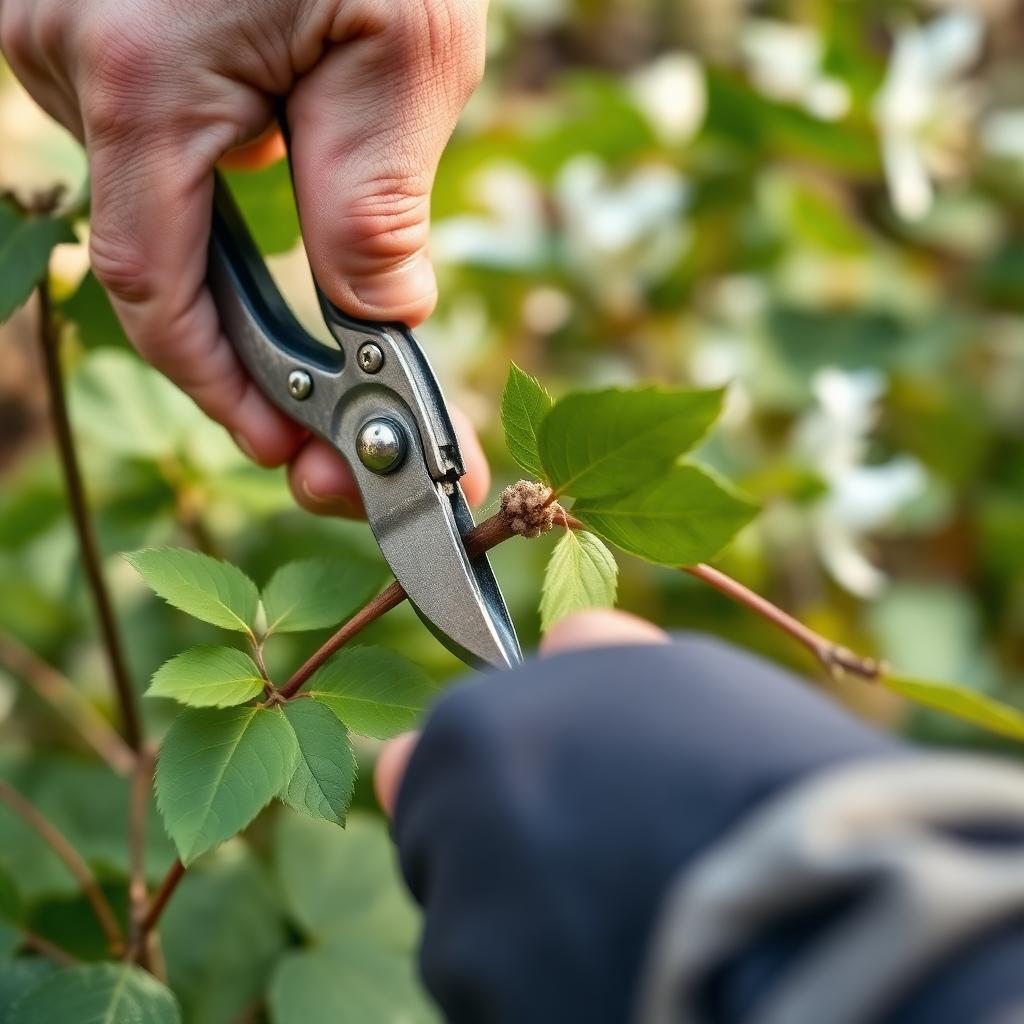 Close up of hands using bypass hand pruners to cut a clematis stem in early spring