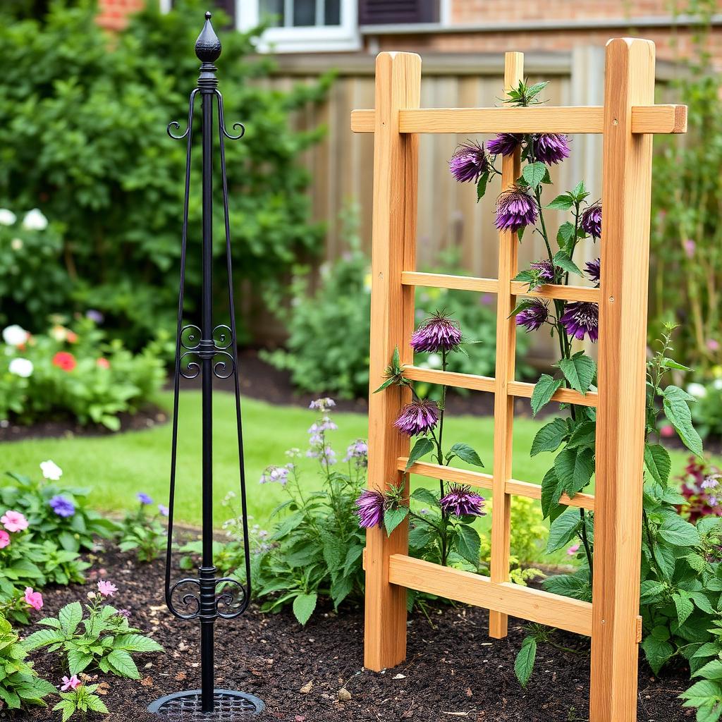 A black metal garden obelisk and a wooden trellis support set up in a garden border ready for clematis