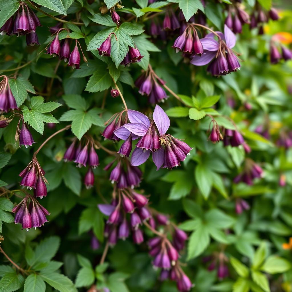 Clematis viticella with small nodding burgundy purple bell-shaped flowers