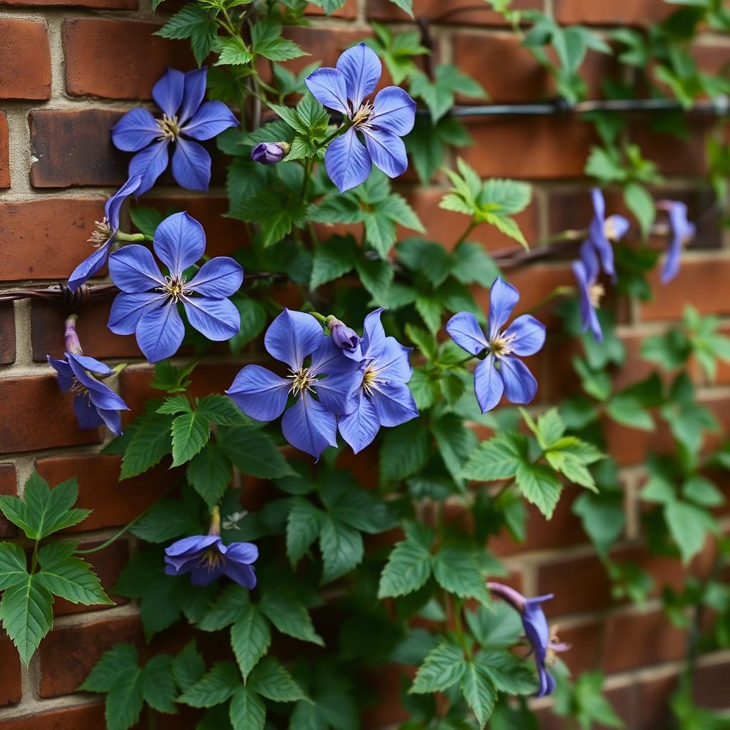 Blue purple clematis trained on wire supports against a brick garden wall