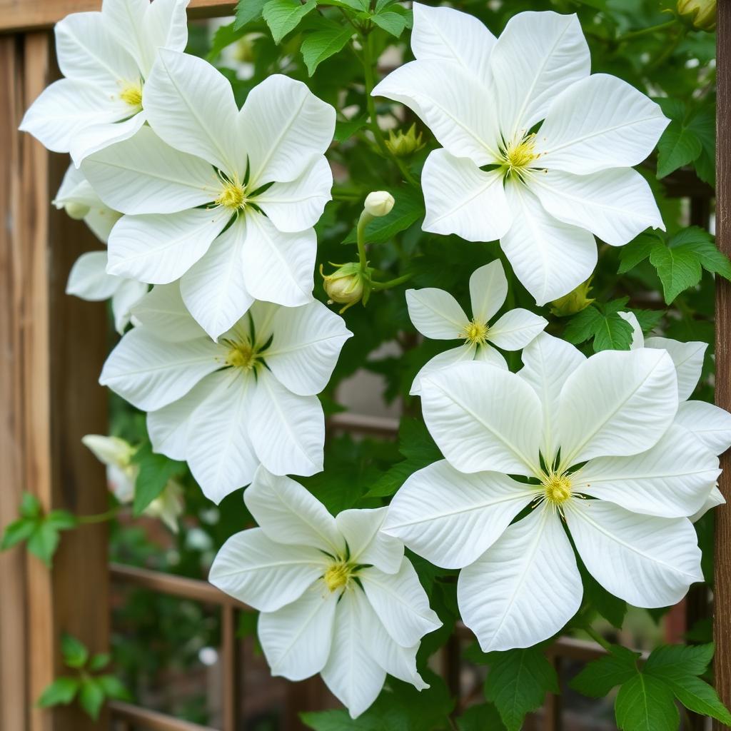 White flowered clematis with large pure white blooms climbing a garden trellis