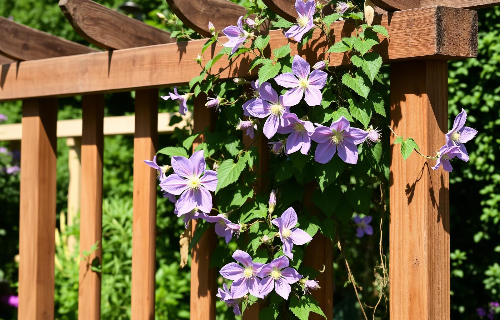 Flowering clematis climbing on a garden trellis
