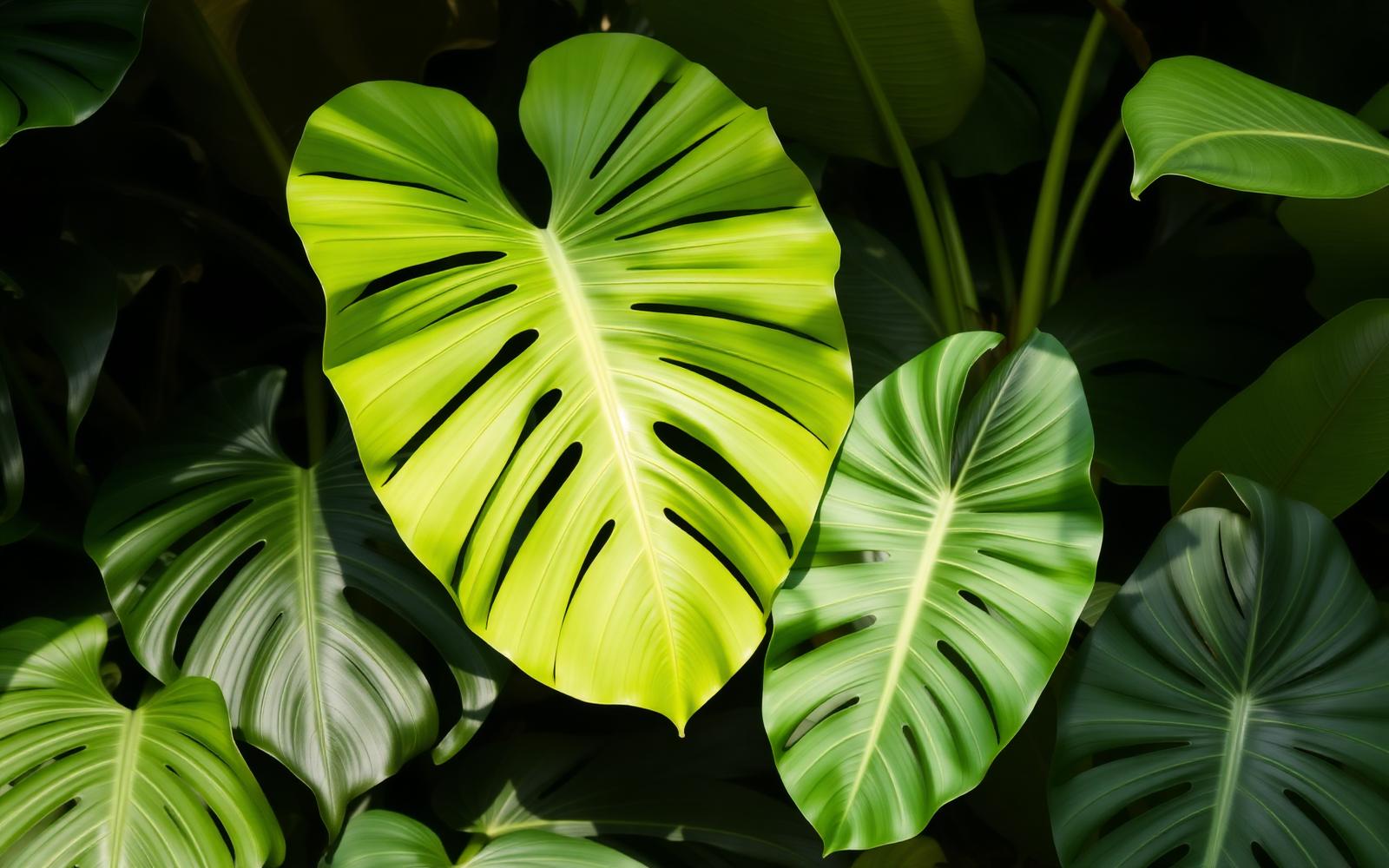 Large green leaves from tropical-style indoor and outdoor plants
