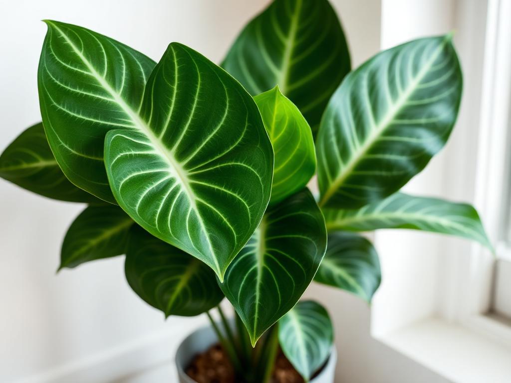 Alocasia houseplant with large arrow-shaped dark green leaves and pale veining