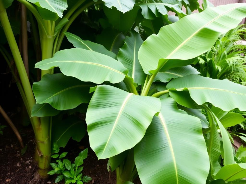 Banana plant Musa with large paddle-shaped green leaves in a sheltered garden border