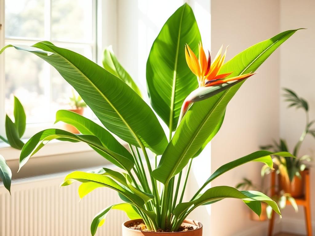 Bird of paradise Strelitzia houseplant with large paddle-shaped green leaves and an orange flower