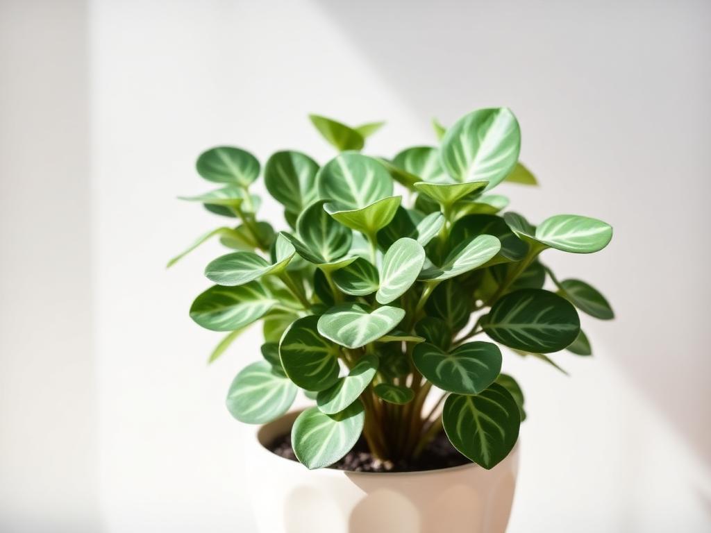 Calathea orbifolia with large round silver-striped green leaves in a pale ceramic pot