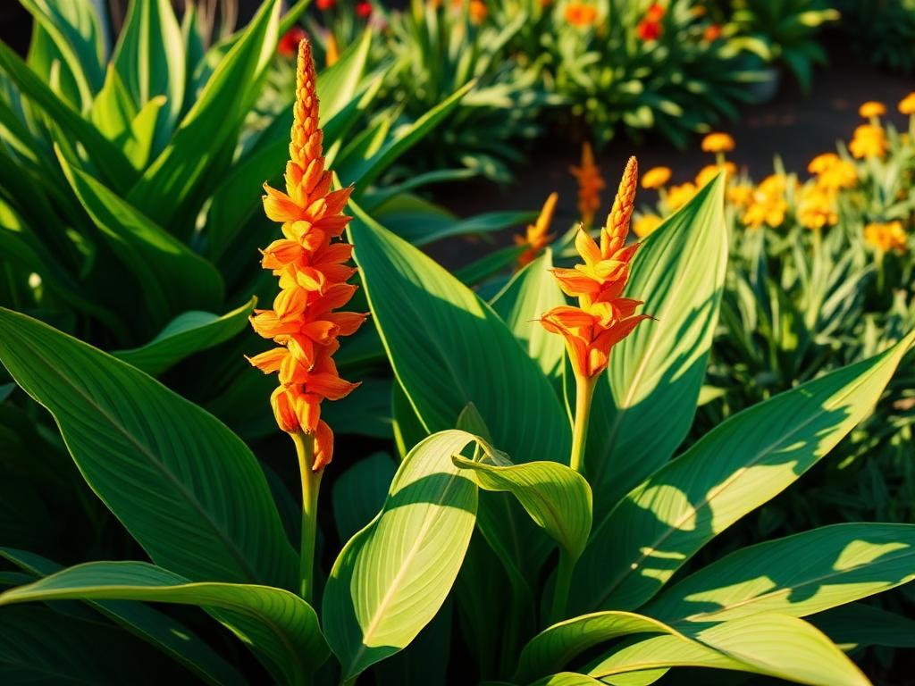 Canna lily plant with broad green tropical leaves and an orange flower spike in a sunny border