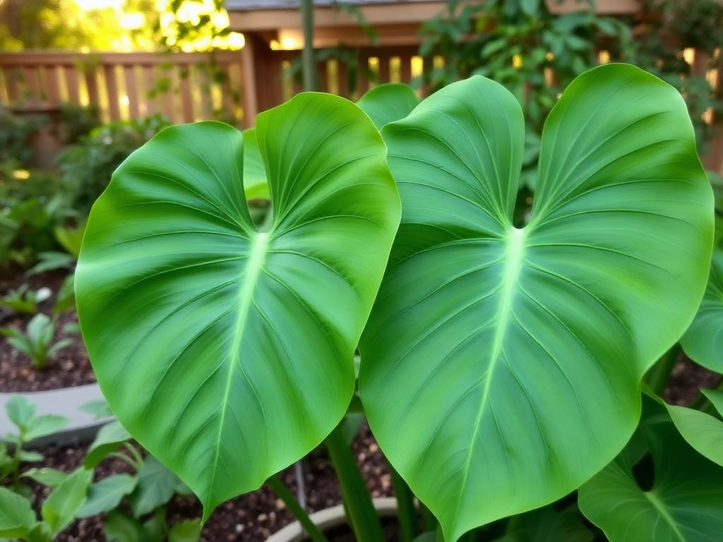 Colocasia elephant ear plant with huge heart-shaped green leaves in a sheltered garden