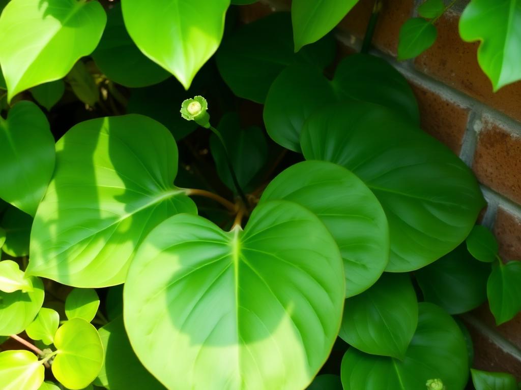 Farfugium japonicum with large glossy rounded green leaves in a shaded garden corner
