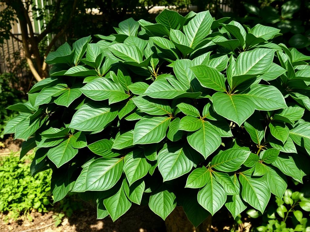 Fatsia japonica shrub with large glossy hand-shaped dark green leaves in a shaded garden