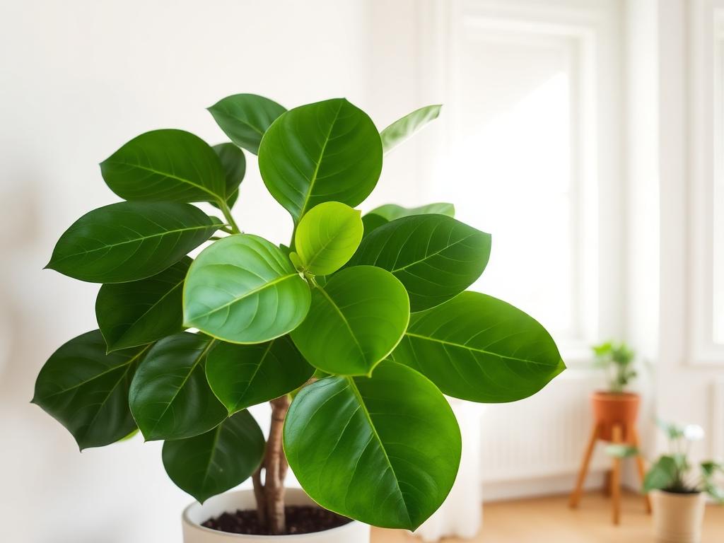 Fiddle leaf fig Ficus lyrata with large violin-shaped glossy green leaves in a pale pot