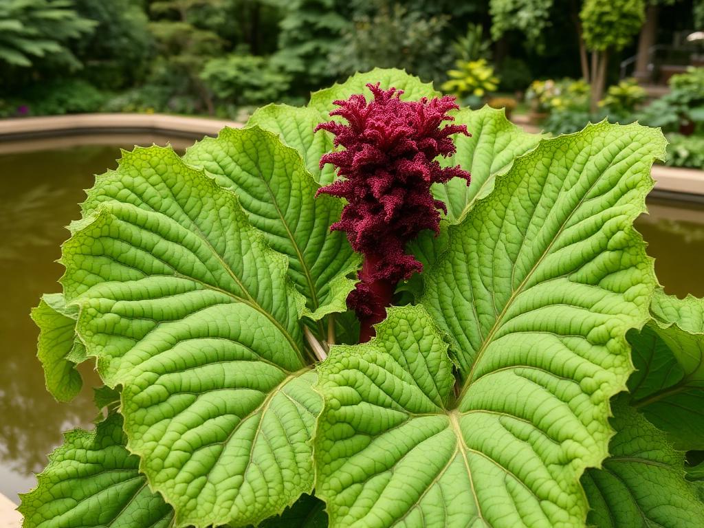Gunnera manicata giant rhubarb with enormous textured green leaves beside water