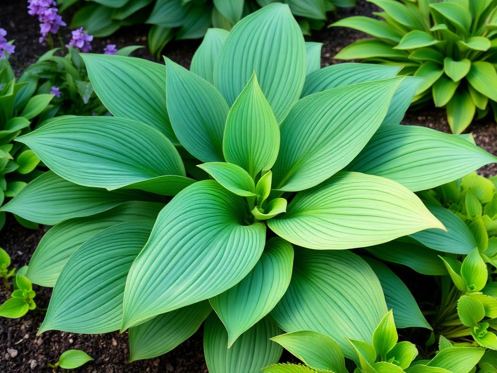 Hosta plant with large blue-green ribbed leaves in a shaded garden border