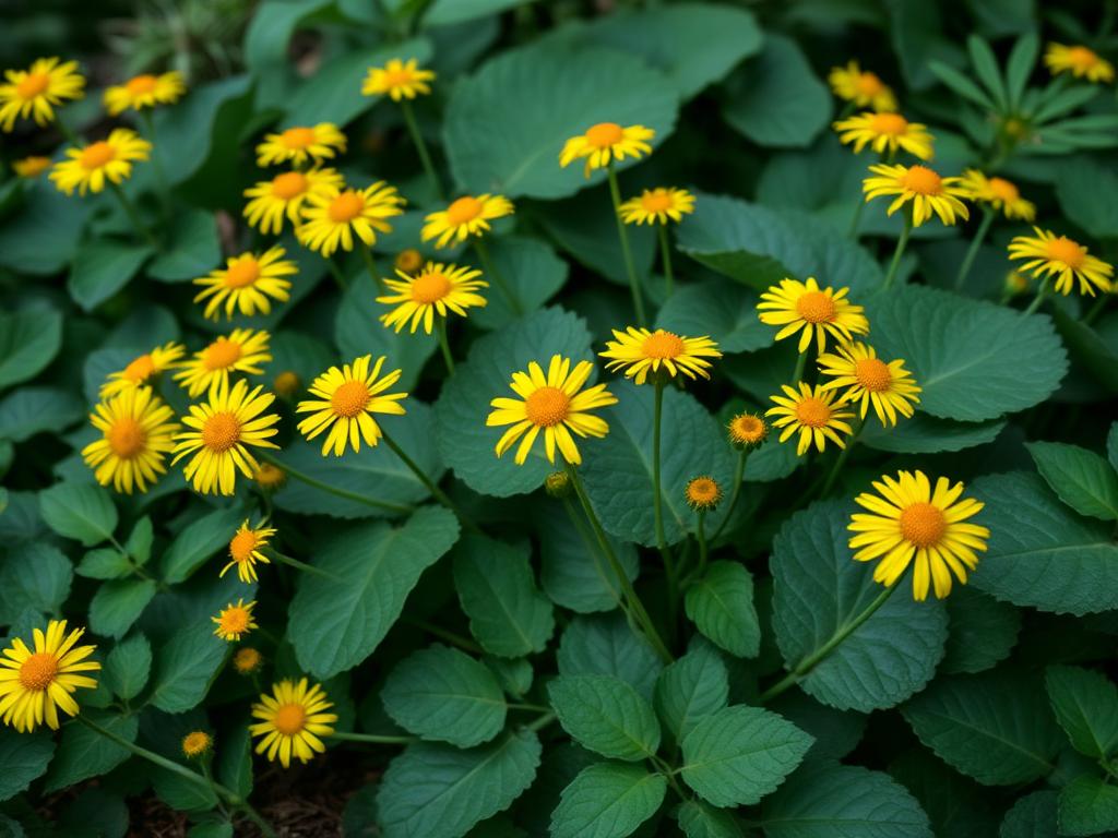 Ligularia perennial with large rounded green leaves and yellow daisy-like flowers in a damp shade border
