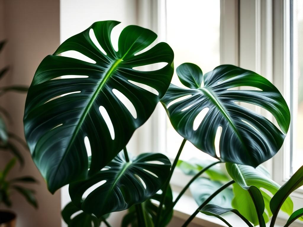 Monstera deliciosa houseplant with large glossy split green leaves by a window