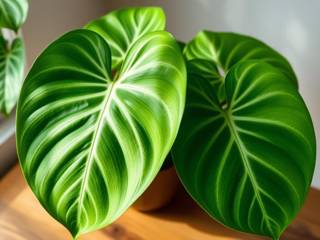 Philodendron gloriosum with large velvety heart-shaped green leaves and pale white veining