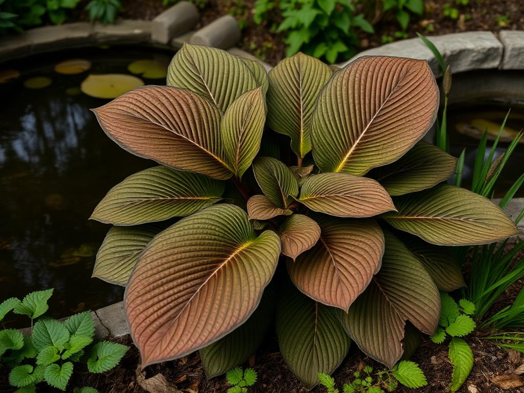 Rodgersia perennial with large bronze-green pleated palmate leaves beside a pond