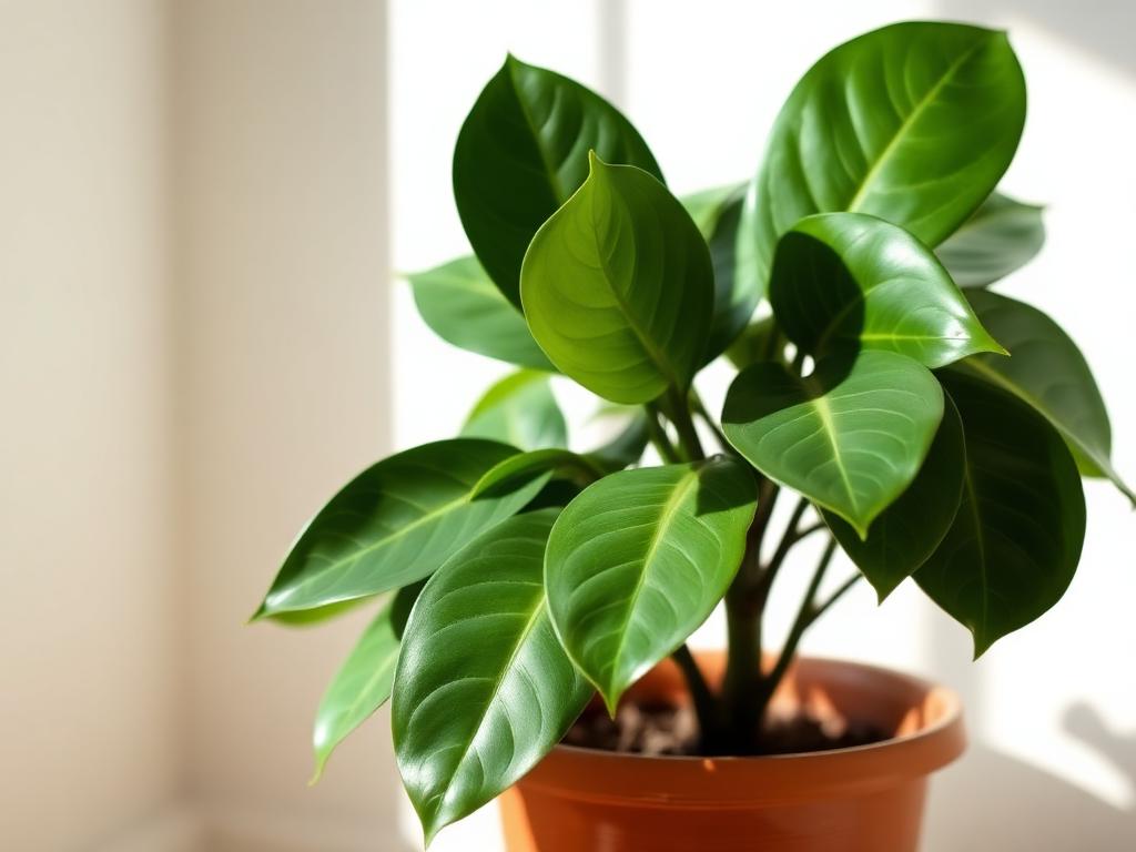Rubber plant Ficus elastica with thick glossy dark green oval leaves in a terracotta pot