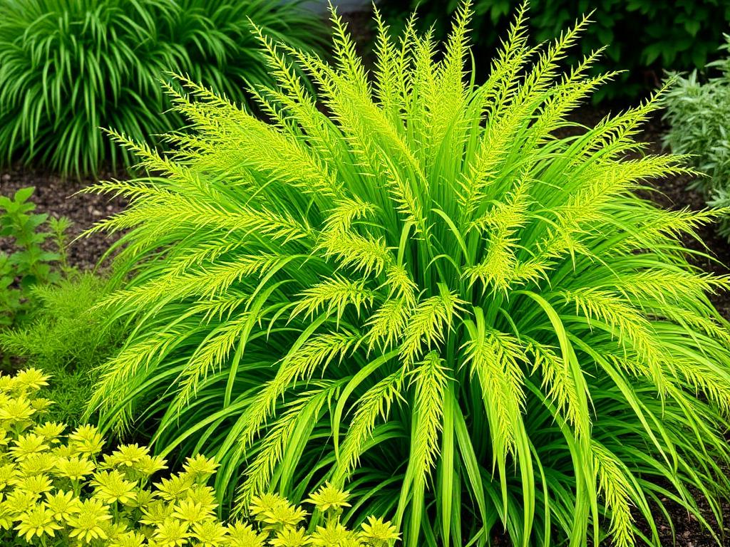 Carex Everillo evergreen sedge with cascading bright lime green chartreuse foliage