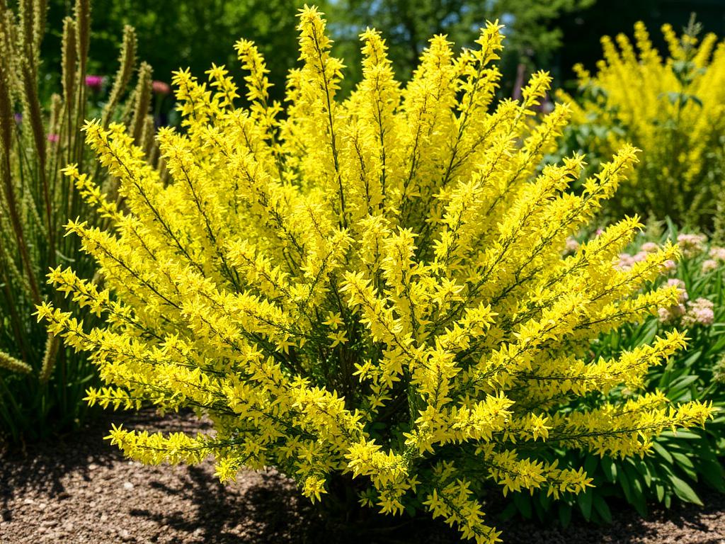 Choisya ternata Sundance shrub with bright golden lime green aromatic foliage in a sunny border