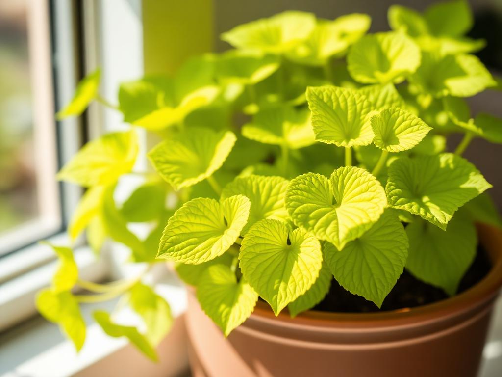 Coleus plant with bright chartreuse lime green leaves in a container by a window