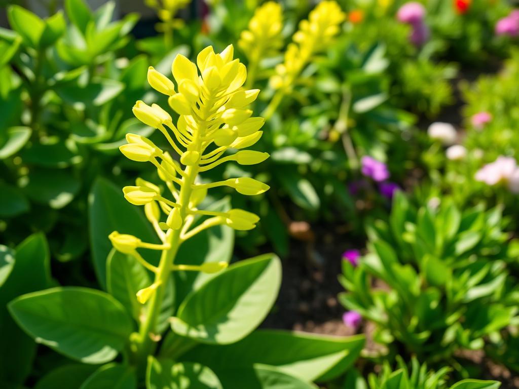 Euphorbia with bright chartreuse lime green flower bracts in a sunny garden border